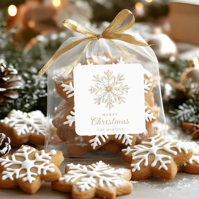 Faux Gold Snowflake White Custom Holiday Square Sticker (Creator Uploaded)