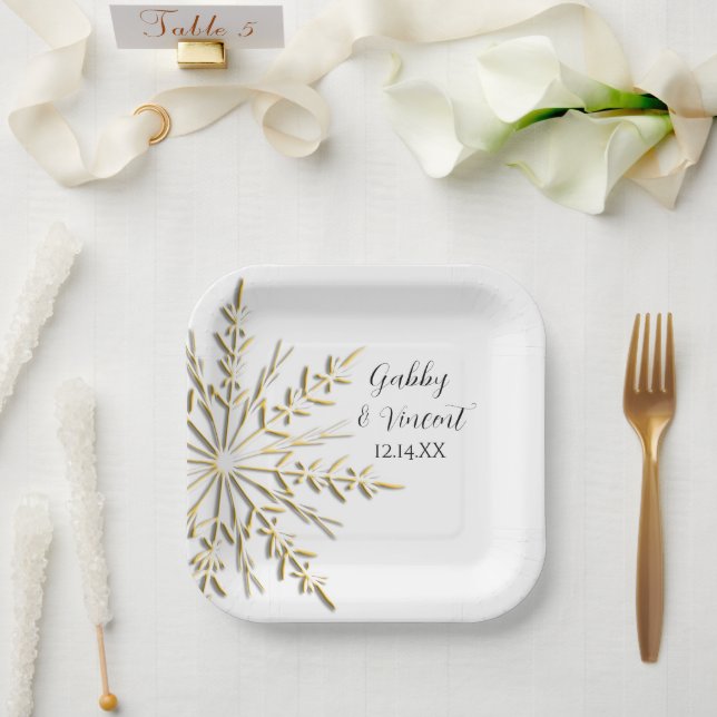 Faux Gold Snowflake Winter Wedding Paper Plate (Wedding)