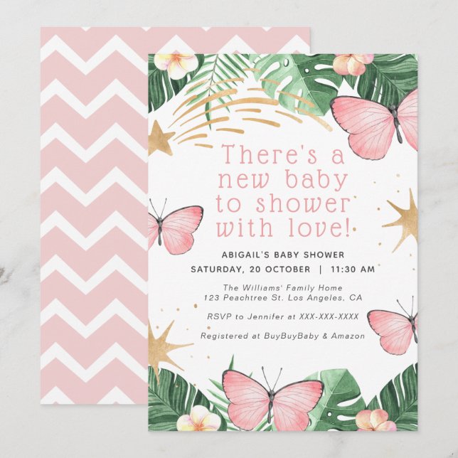 Faux Gold Star / Pink Butterfly Girl Baby Shower Invitation (Front/Back)