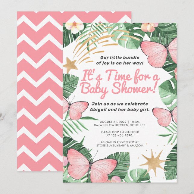 Faux Gold Star & Pink Butterfly Girl Baby Shower Invitation (Front/Back)