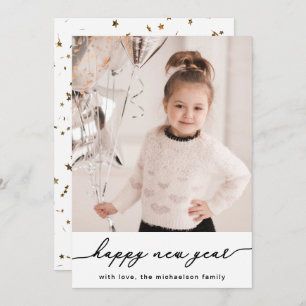 Faux Gold Stars and Confetti Photo Happy New Year Holiday Card