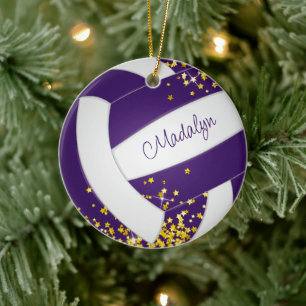 faux gold stars girls sports purple volleyball  ceramic tree decoration