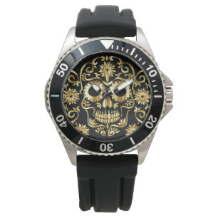 Faux Gold Sugar Skull Print Watch