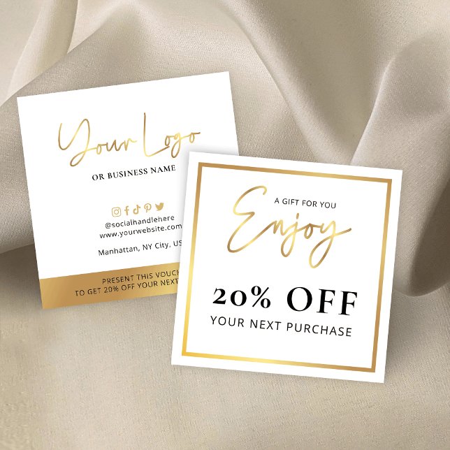 Faux Gold Thank You Gift Business Logo Discount Square Business Card (White and gold business 'a gift for you' cards with discount code for your customers)