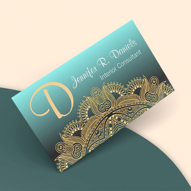 Faux Gold Trendy Mandala Motif On Teal Blue Green Business Card (Creator Uploaded)