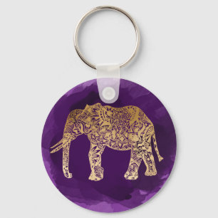 faux gold tribal elephant purple brushstroke key ring