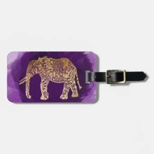 faux gold tribal elephant purple brushstroke luggage tag