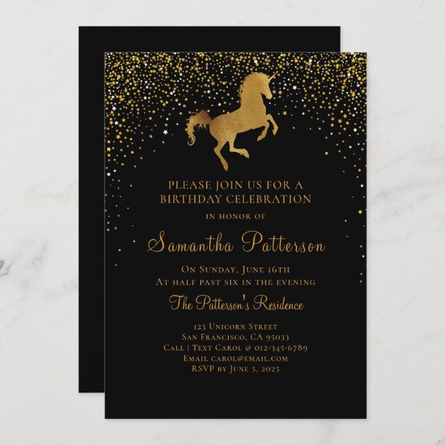 Faux Gold Unicorn and Stars Birthday Invitation (Front/Back)