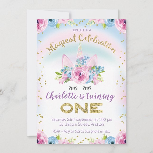 faux Gold Unicorn Rainbow 1st Birthday Invitation (Front)