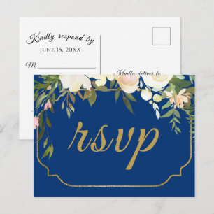 Faux Gold Watercolor Floral Blue Wedding RSVP Postcard