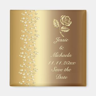 Faux Gold Wedding Rose and Hearts Save the Date Magnet