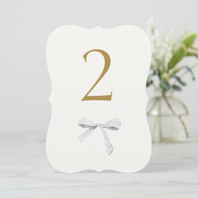 Faux Gold | White Ribbon Wedding Table Number (Standing Front)
