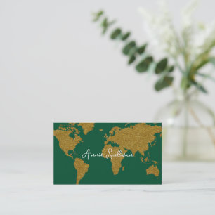 Faux Gold World Map Travel Agent Emerald Green Business Card