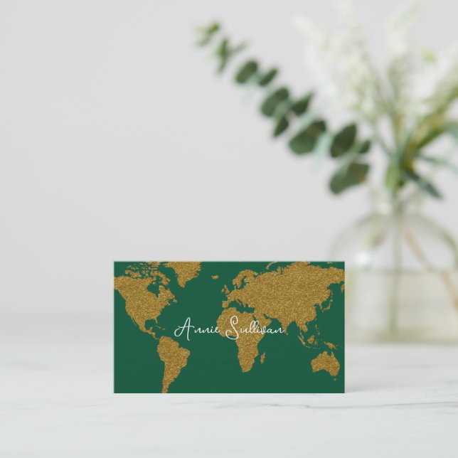 Faux Gold World Map Travel Agent Emerald Green Business Card (Standing Front)