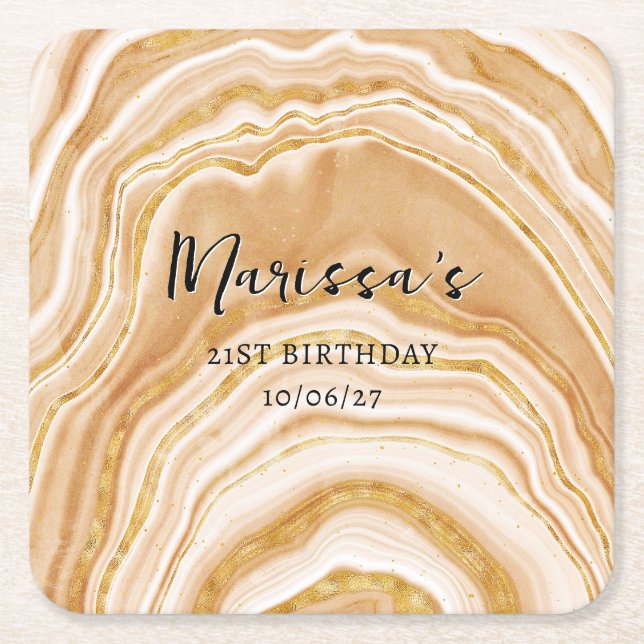 Faux Golden Agate 21st Birthday Square Paper Coaster (Front)