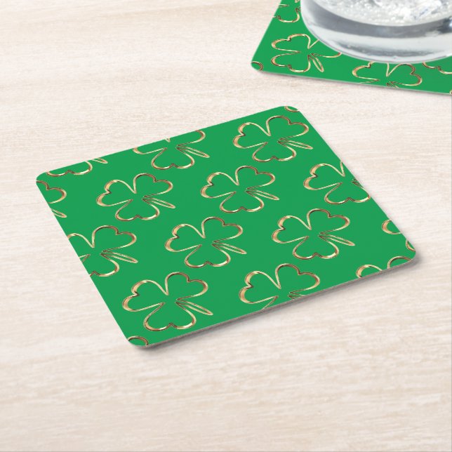 Faux Golden Clovers Good Luck Shamrock Green Square Paper Coaster (Angled)