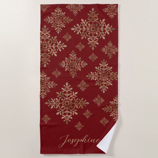 Faux Golden Foil Snowflakes On Red (Not Real Foil) Beach Towel (Front)