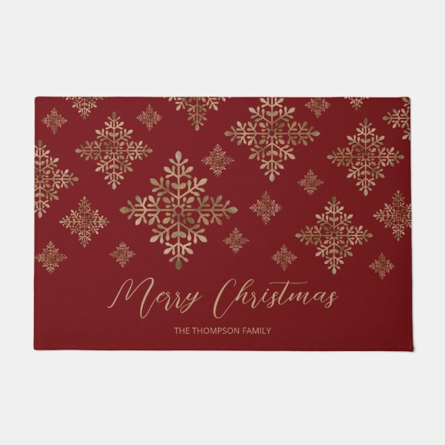 Faux Golden Foil Snowflakes On Red (Not Real Foil) Doormat (Front)