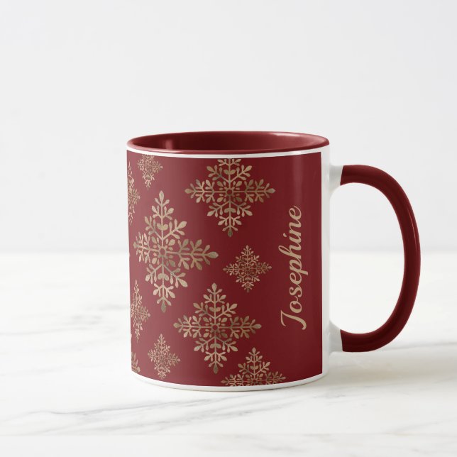 Faux Golden Foil Snowflakes On Red (Not Real Foil) Mug (Right)
