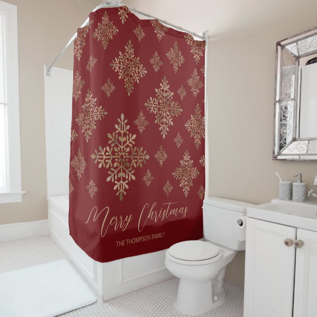 Faux Golden Foil Snowflakes On Red (Not Real Foil) Shower Curtain (In Situ)