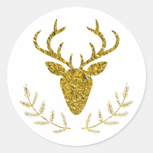 Faux Golden Foil Textured Christmas Deer Head Classic Round Sticker