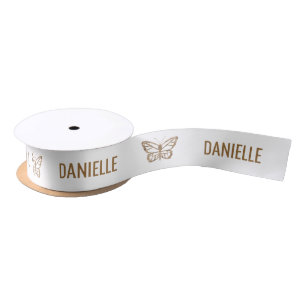 Faux Golden Yellow Foil Look-like Butterfly & Name Satin Ribbon
