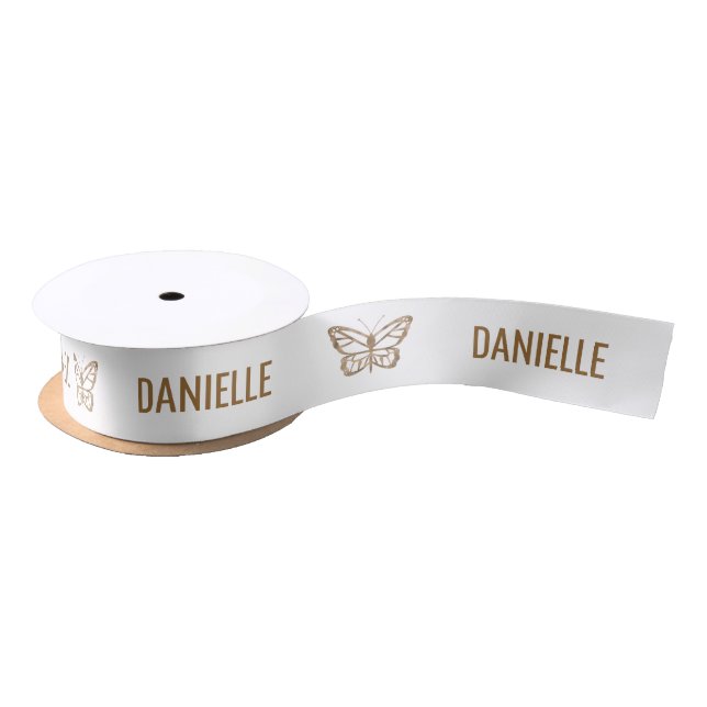 Faux Golden Yellow Foil Look-like Butterfly & Name Satin Ribbon (Spool)