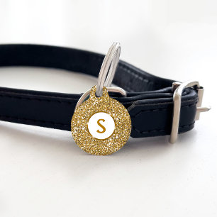 Faux Golden Yellow Glitter Texture With Monogram Pet Tag