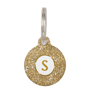 Faux Golden Yellow Glitter Texture With Monogram Pet Tag