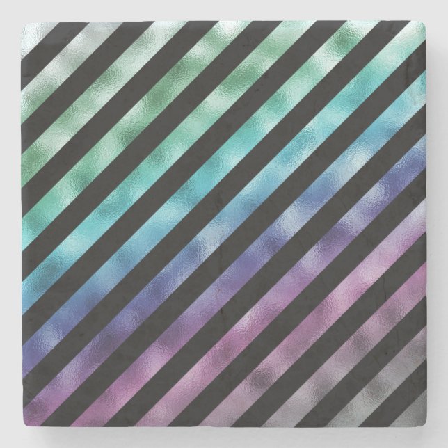 Faux Green Blue Purple Rainbow Black Diagonal Stone Coaster (Front)