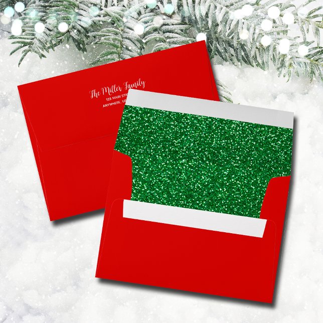 Faux Green Glitter Red Envelope (Faux green glitter printed lining on red Christmas envelopes, FREE return address on the back.)