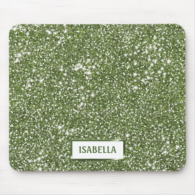 Faux Green Glitter Texture Look With Custom Name Mouse Pad (Front)