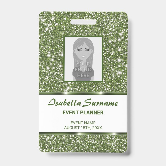 Faux Green Glitter Texture Look With Custom Text ID Badge (Front)
