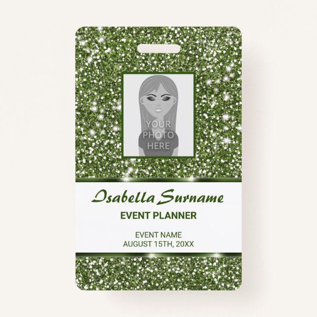 Faux Green Glitter Texture Look With Custom Text ID Badge (Front)