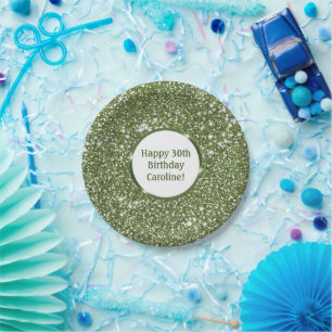 Faux Green Glitter Texture Look With Custom Text Paper Plate