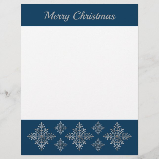 Faux Grey Foil Snowflakes On Blue (Not Real Foil) Custom Letterhead (Front)