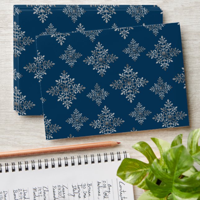Faux Grey Foil Snowflakes On Blue (Not Real Foil) Envelope (Stacked)