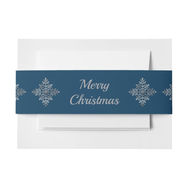Faux Grey Foil Snowflakes On Blue (Not Real Foil) Invitation Belly Band (Front Example)