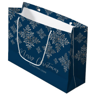 Faux Grey Foil Snowflakes On Blue (Not Real Foil) Large Gift Bag