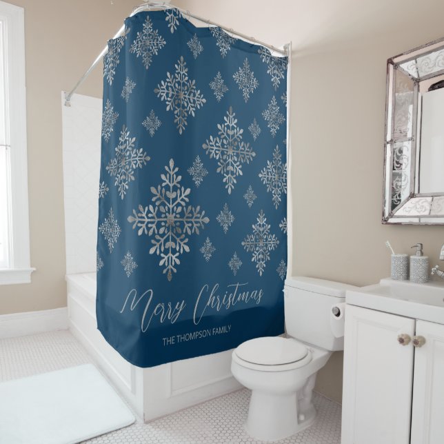 Faux Grey Foil Snowflakes On Blue (Not Real Foil) Shower Curtain (In Situ)