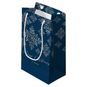 Faux Grey Foil Snowflakes On Blue (Not Real Foil) Small Gift Bag