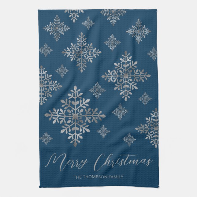Faux Grey Foil Snowflakes On Blue (Not Real Foil) Tea Towel (Vertical)