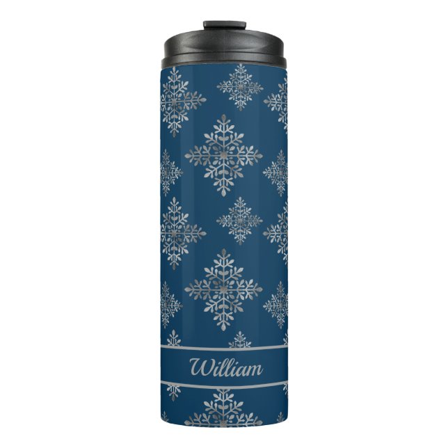 Faux Grey Foil Snowflakes On Blue (Not Real Foil) Thermal Tumbler (Front)