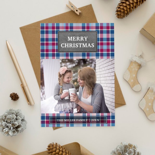Faux Grey Leather Pink and Blue Plaid Christmas Holiday Card (Creator Uploaded)