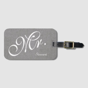 Faux Grey Linen Newlywed Mr. Husband Groom Wedding Luggage Tag