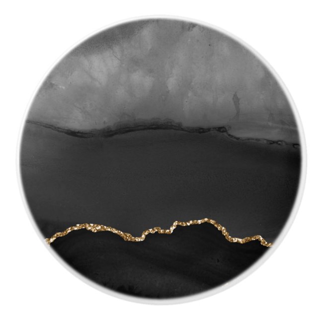 Faux Grey Marbled Agate Golden Glitter Black Stone Ceramic Knob (Front)