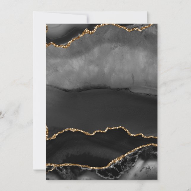 Faux Grey Marbled Agate Golden Glitter Black Stone Invitation (Front)