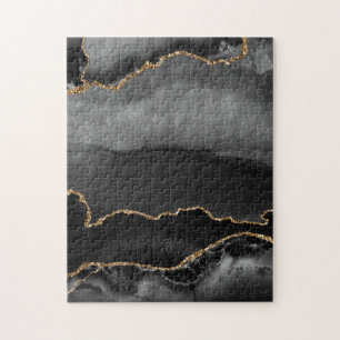 Faux Grey Marbled Agate Golden Glitter Black Stone Jigsaw Puzzle