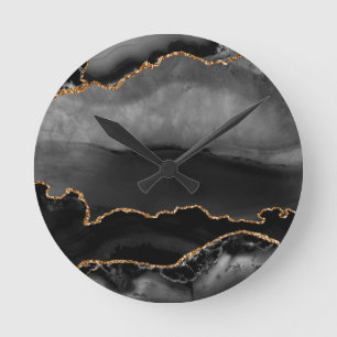 Faux Grey Marbled Agate Golden Glitter Black Stone Round Clock