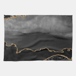 Faux Grey Marbled Agate Golden Glitter Black Stone Tea Towel